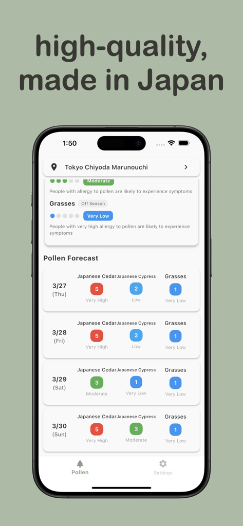 The Pollen Forecast Checker - The Pollen Forecast Checker app interface showing daily pollen levels for Japanese Cedar Cypress and Grass