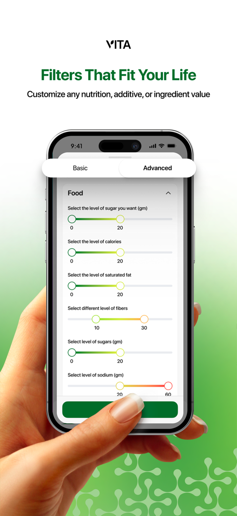 Vita Health - Product Scanner - Smartphone screen showing advanced filters for nutrition and ingredients in the Vita Health app