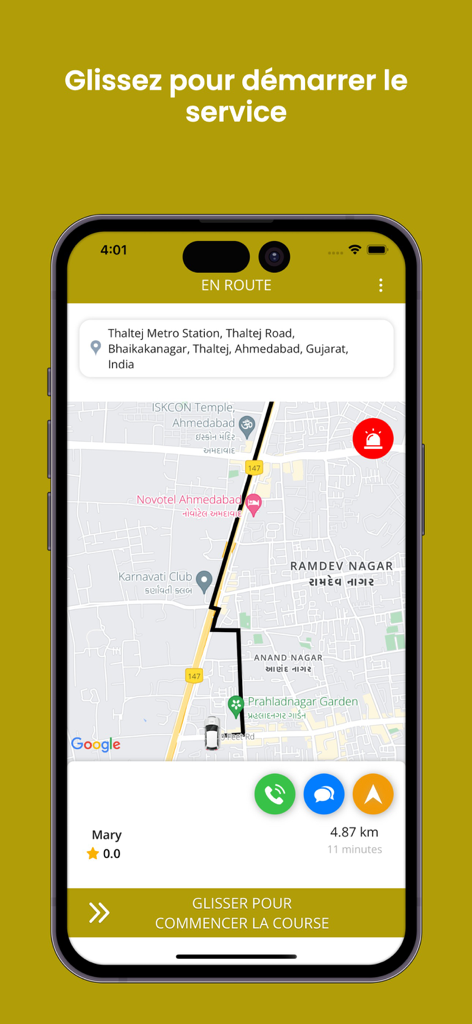 Okalm Driver - Okalm Driver app map interface showing real-time navigation and a slider to start the ride.