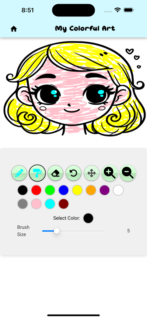 My Colorful Art - Interface of My Colorful Art showing a cute girl drawing with digital coloring tools and a color palette