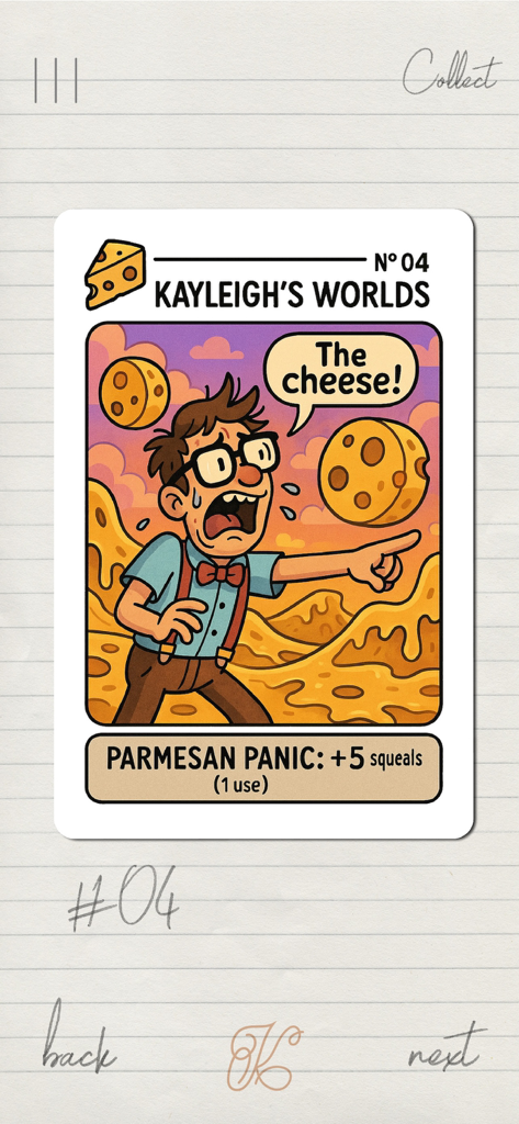 DreamScape: Compass Walls - A stylized collectible card from DreamScape showing a man panicking in a surreal cheese landscape titled Parmesan Panic.