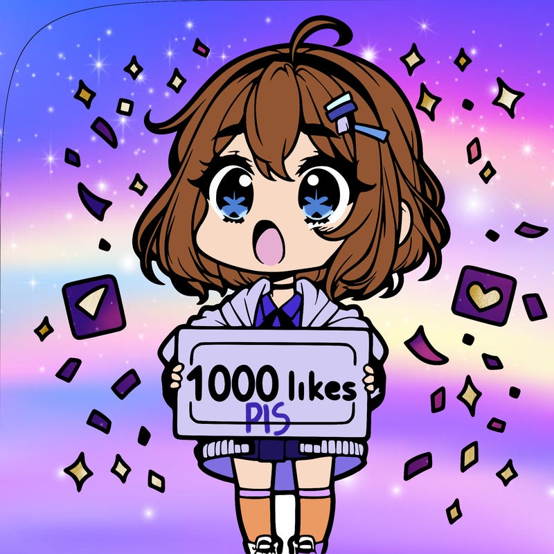 a chibi girl with a shocked expression with a sign that says "1000 likes" with confetti around her