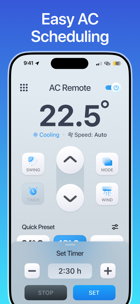 Air Conditioner Controller - Interface de l'application Contrôleur de climatiseur montrant les réglages de température et une minuterie pour une planification facile du climatiseur