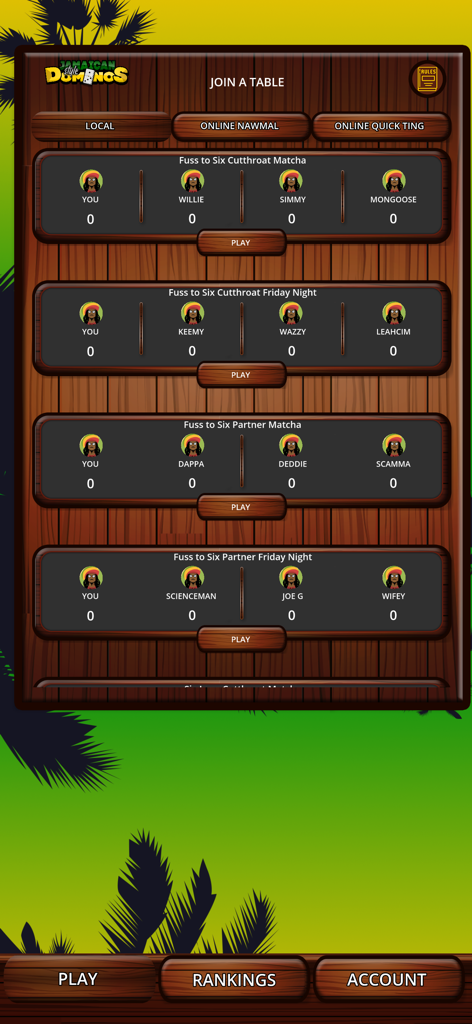Jamaican Style Dominos Online - Jamaican Style Dominos Online multiplayer lobby showing available tables for Cutthroat and Partner game modes.