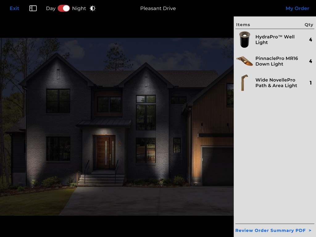AMP® LIGHTING VISUALIZER - iPad screen showing a night time landscape lighting visualization with a detailed list of professional fixtures and their quantities