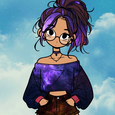 girl with a messy ponytail glasses a baggy crop top and jean shorts