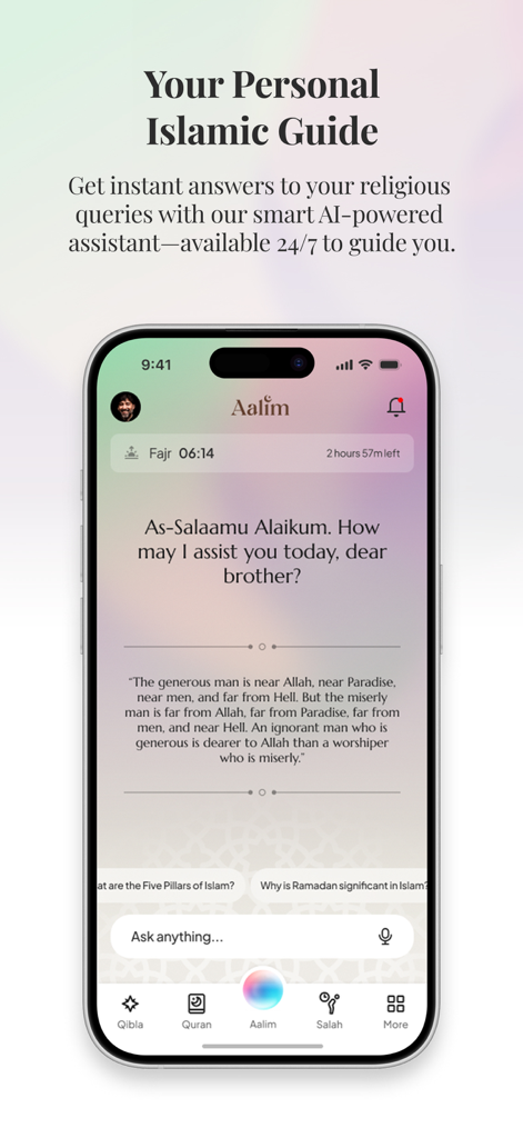 AI Muslim Assistant - Aalim - The home screen of the Aalim AI Muslim Assistant app featuring a personalized chatbot interface and prayer notifications.