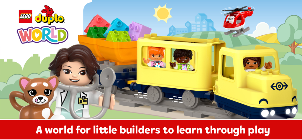 LEGO DUPLO World characters on a train and a doctor with the tagline A world for little builders to learn through play