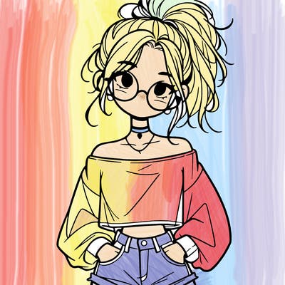 girl with a messy ponytail glasses a baggy crop top and jean shorts