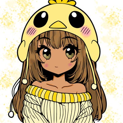 anime girl with chick shaped hat with sweater with bare shoulders with bangs covering them one eye with low tail