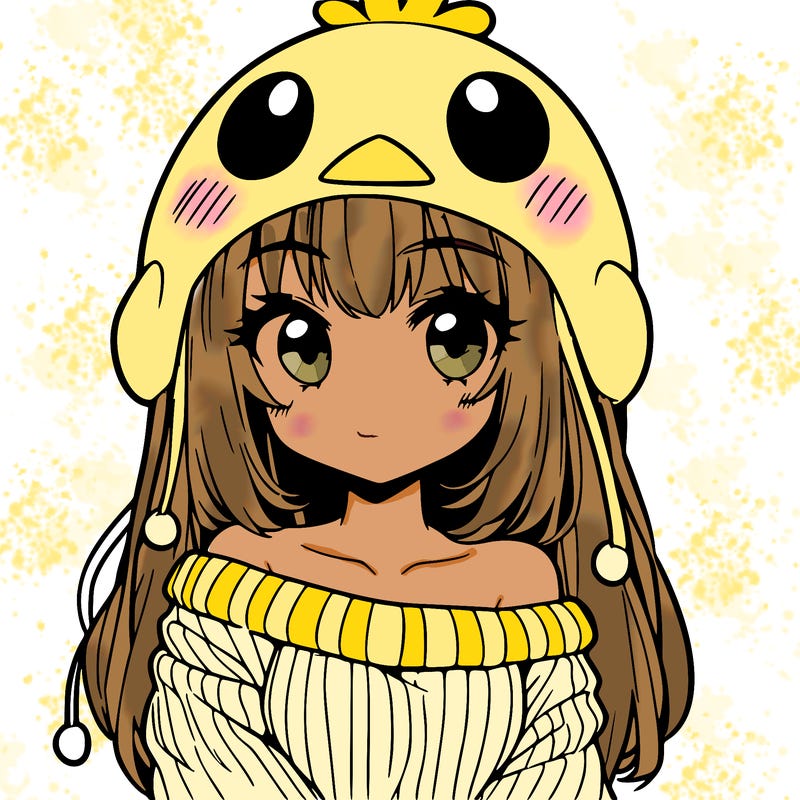 anime girl with chick shaped hat with sweater with bare shoulders with bangs covering them one eye with low tail