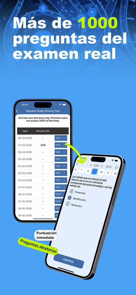 Interfaz de la aplicación de examen de conducir que muestra pruebas de práctica diarias y preguntas teóricas para el examen de licencia de Costa Rica.