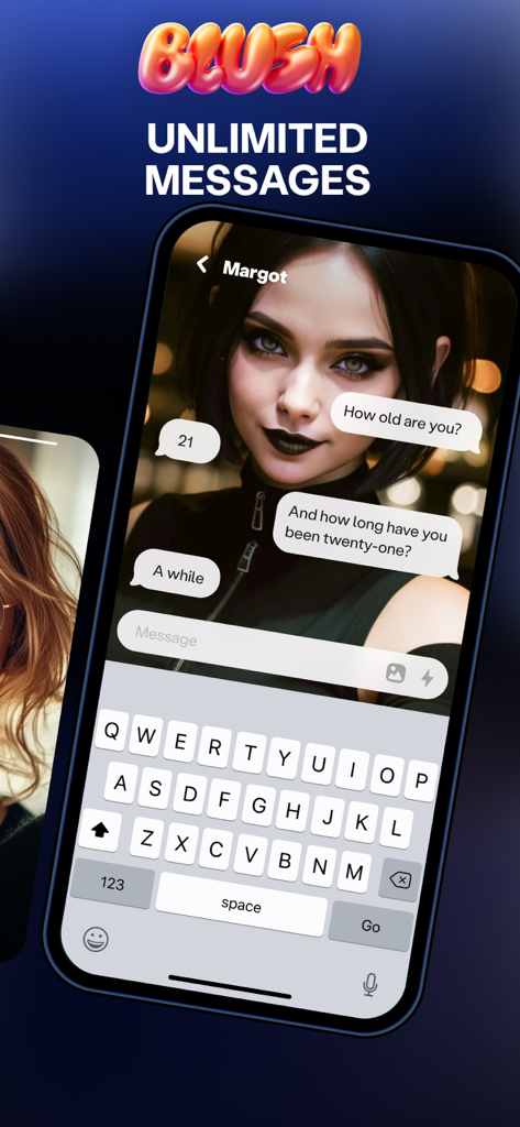 A smartphone screen showing a chat conversation with an AI character in the Blush app highlighting the unlimited messages feature