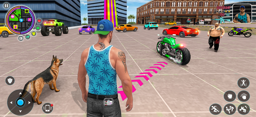 Gangster Game City Crime Sim - Vista en tercera persona de un personaje y su perro en una calle abierta de la ciudad con coches y motos