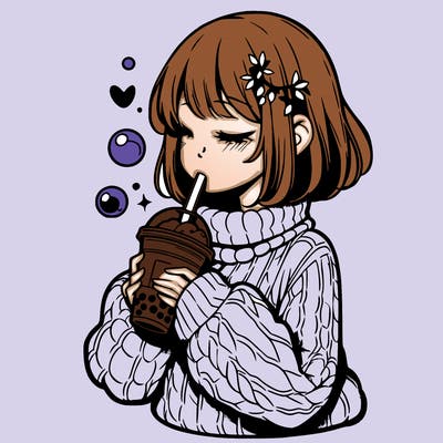 manga girl drinking boba in cozy sweater