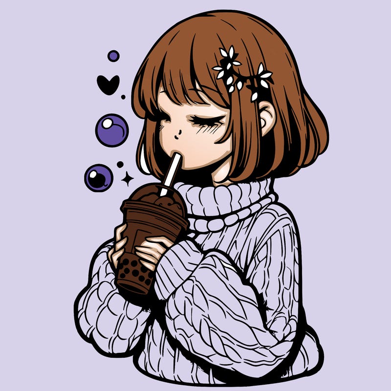 manga girl drinking boba in cozy sweater