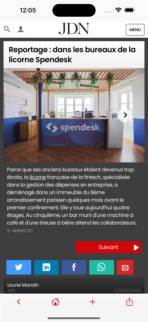 Journal du Net - JDN app displaying a business reportage about the offices of a fintech unicorn startup.