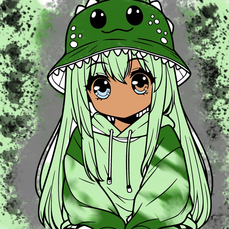 girl with anime shaped eyes with a dinosaur bucket hat oversized sweatshirt long straight hair