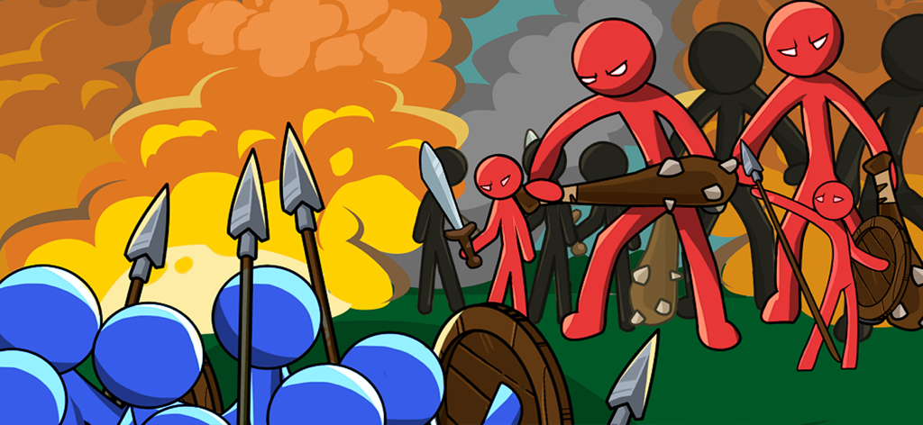 Stick Empire - Kingdom Castle - Red and blue stickman armies clashing in a strategic battle scene with explosions