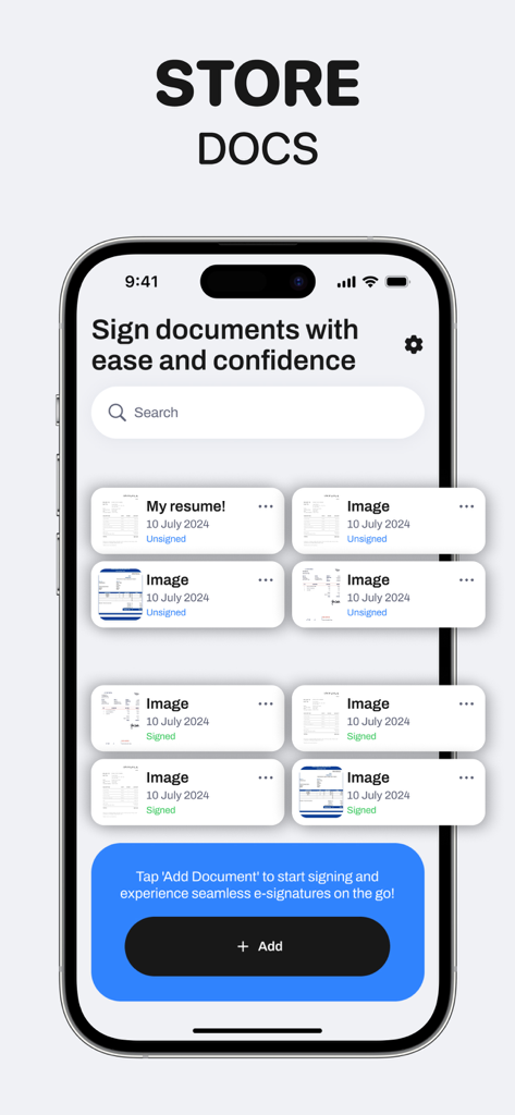 eSign: Sign PDF & Docs - Interface móvel do aplicativo eSign mostrando documentos armazenados com rótulos de status assinado e não assinado