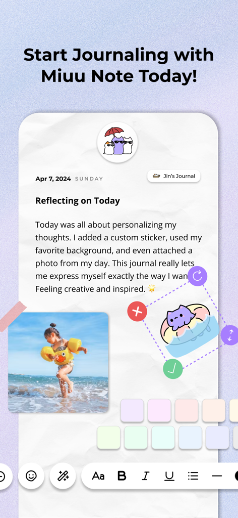 A cute diary entry in Miuu Note showing a photo, cat stickers, and aesthetic text options.