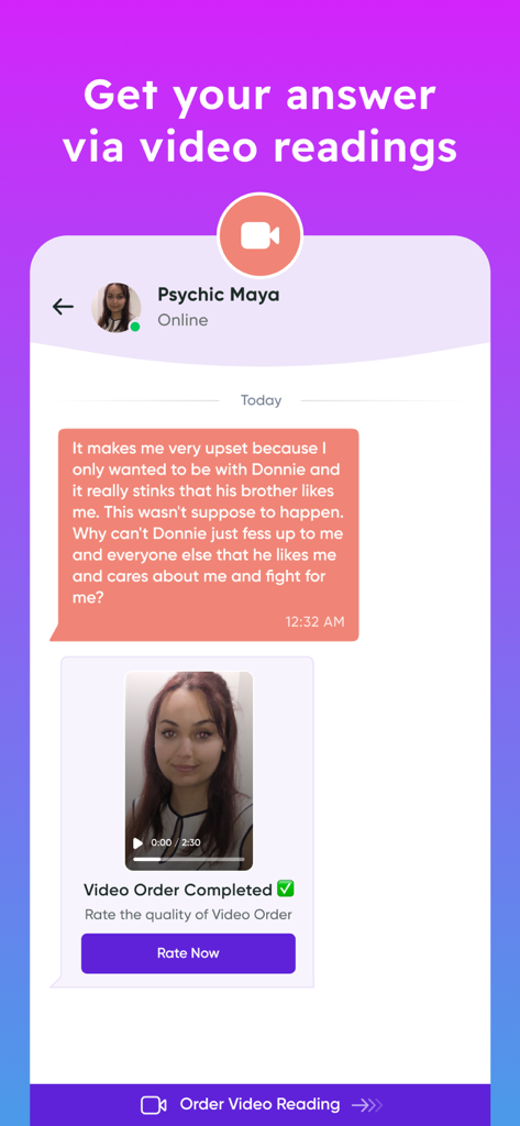 A mobile app screen showing a completed video psychic reading for relationship advice