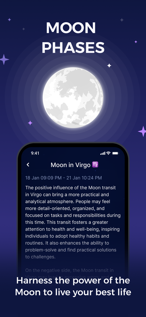 Astro app interface showing moon phases and transit information for Virgo