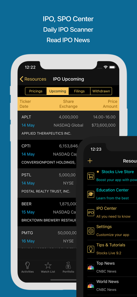 Mobile interface of Stocks Live showing upcoming IPO listings and a menu of investment resources