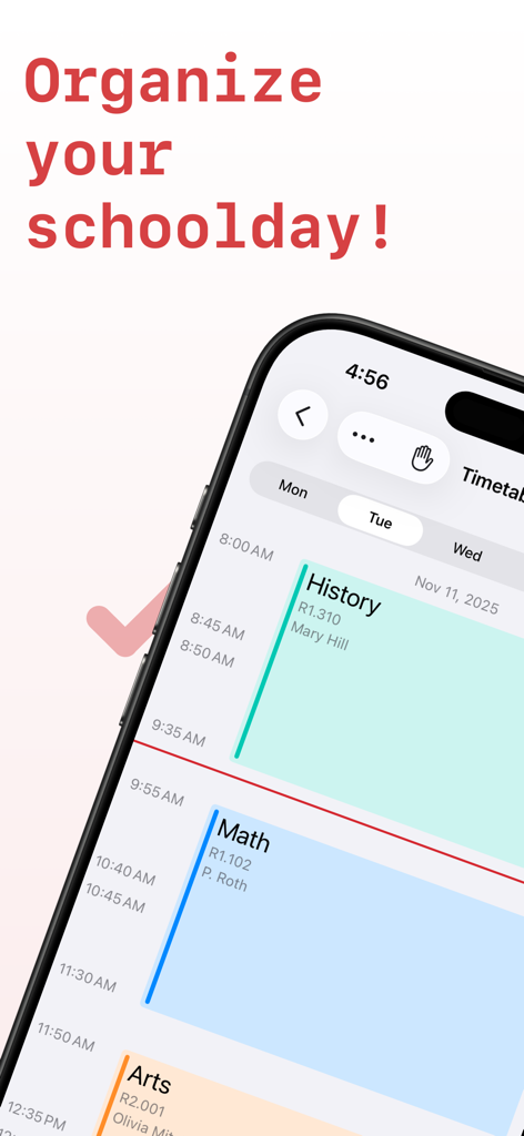 A smartphone screen showing a school timetable with History Math and Arts classes scheduled