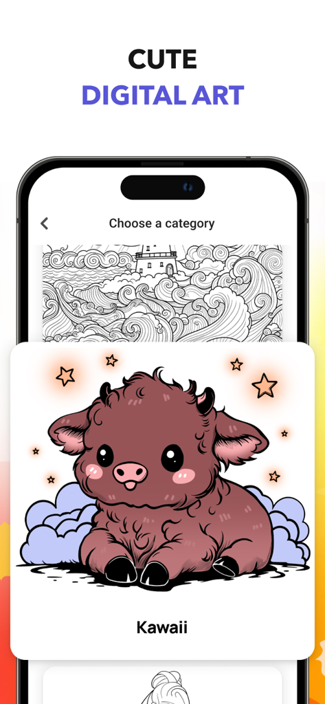 My Sketchbook - Masterclass - A digital art app interface showing a cute Kawaii bison character illustration within the category selection screen.