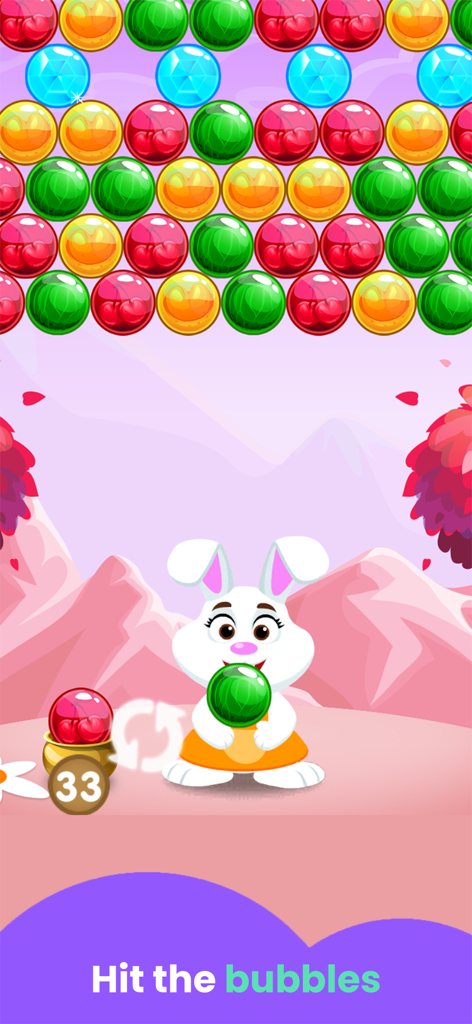 Gameplay of Bubble Shooter Bunny Games featuring a cute rabbit and colored bubbles.