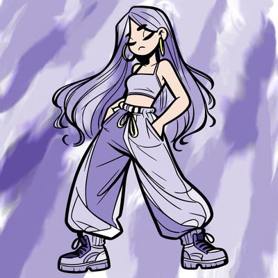 girl in baggy pants crop top and long hair