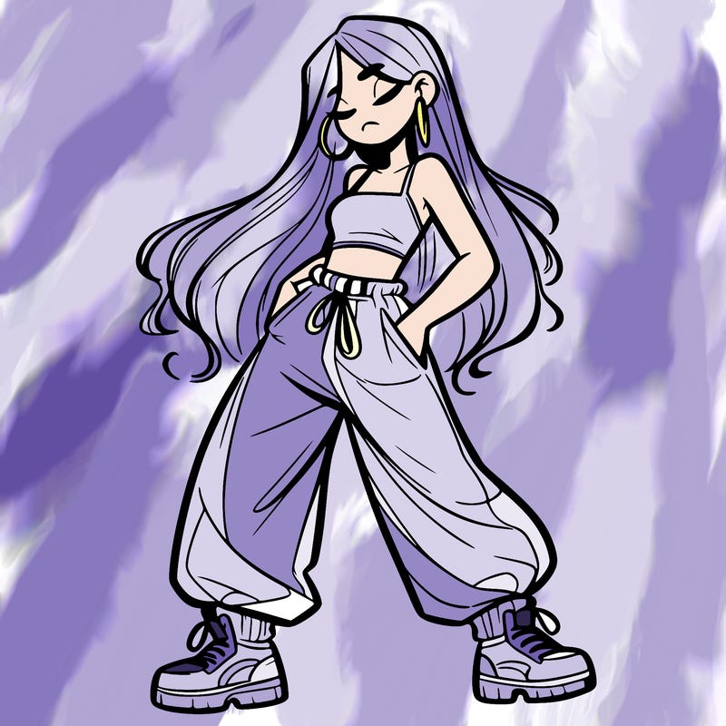 girl in baggy pants crop top and long hair