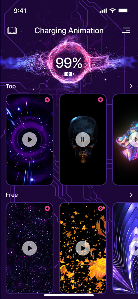 Charging Animation for Battery - Interface of the Charging Animation app displaying futuristic and aesthetic themes for battery charging screens