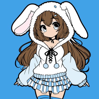 pretty anime girl wearing a fluffy hoodie with bunny ears on the hood and a skirt
