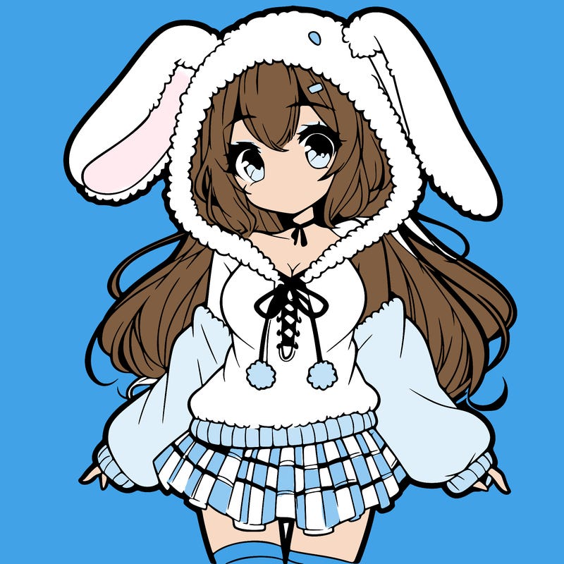 pretty anime girl wearing a fluffy hoodie with bunny ears on the hood and a skirt