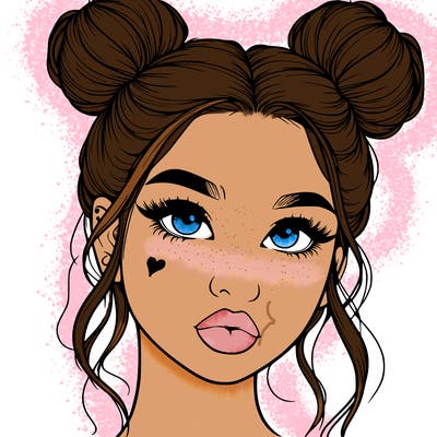 realistic girl with two buns on her hair and lips