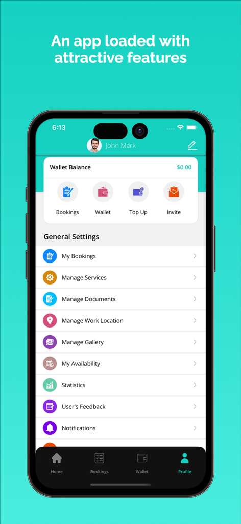 XMassage Masseur - Interface do perfil do provedor XMassage Masseur mostrando saldo da carteira e opções de gerenciamento de negócios
