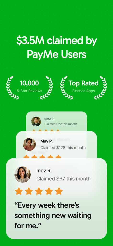 PayMe - Claim Your Money - PayMeアプリの画面。ユーザーが請求した350万ドルと、トップ評価の金融アプリのバッジ、顧客の証言が表示されています。