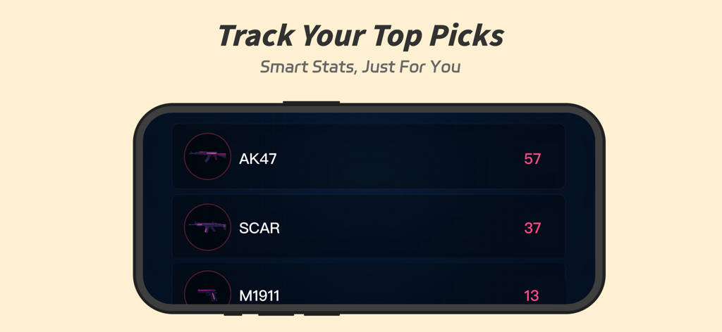 Smart stats screen in the BangBang app showing a list of top picked weapons like AK47 and SCAR with usage counts.