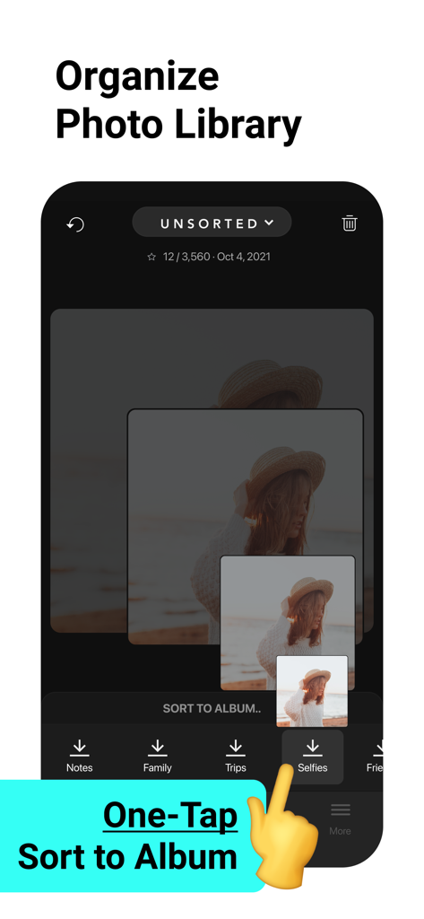 Slidebox: Photo Cleaner App - Slidebox app interface showing a user sorting photos into custom albums with a single tap