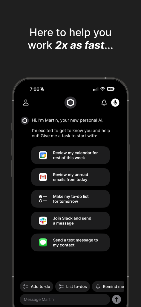 Martin: Personal Assistant - Interface of Martin AI assistant with task options for calendar email slack and messaging