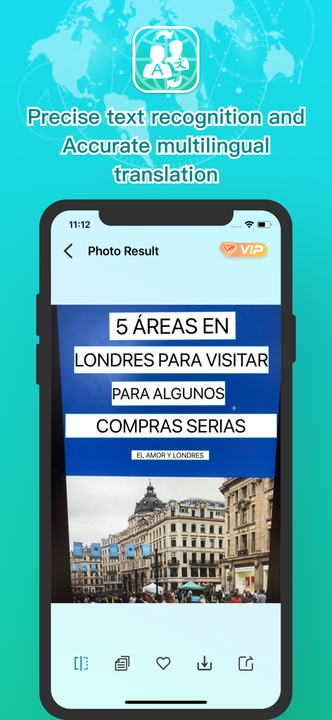 건물 사진에서 번역된 스페인어 텍스트를 표시하는 Live Translator 앱 인터페이스.