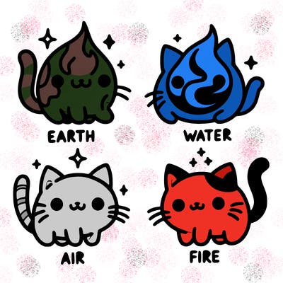 4 cats that represent the different elements, earth, water, air, and fire