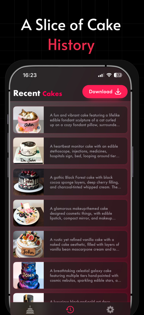 AI CakeMaker - Name on Cake - A list of recently generated AI cakes with personalized names and detailed descriptions in the app history.