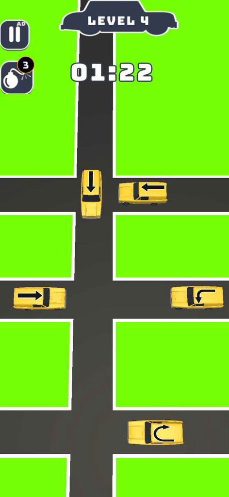 Top-down view of yellow cars on a road grid with directional arrows in the Traffic Escape Parking puzzle game.