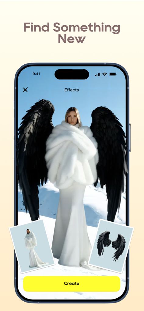 Quokka: AI Video Effects Maker - Smartphone screen showing the Quokka app interface with an AI black angel wings effect applied to a woman in a white dress