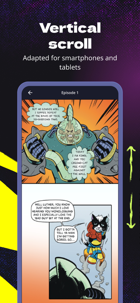 Comixit! - Comics For All Ages - A smartphone showing a comic with vertical scrolling navigation in the Comixit app.