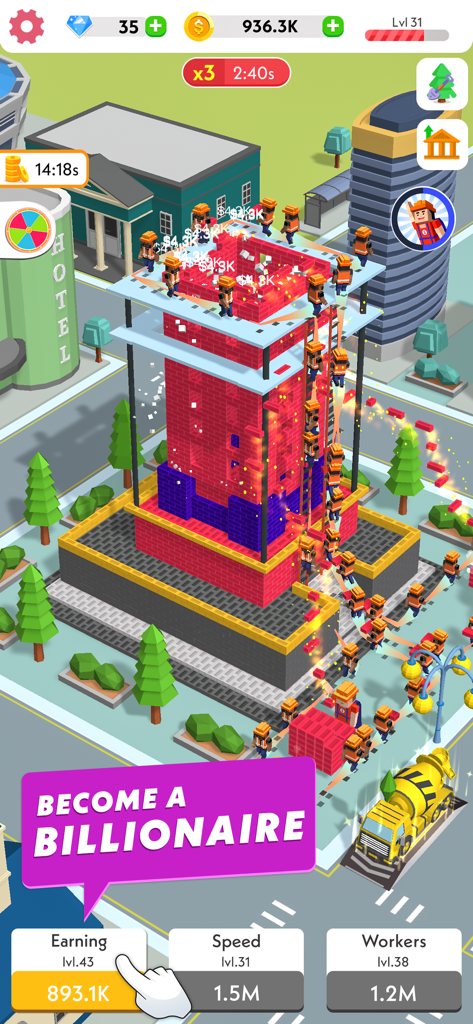 Gameplay screen of Idle Construction 3D showing workers building a skyscraper brick-by-brick with upgrade menus