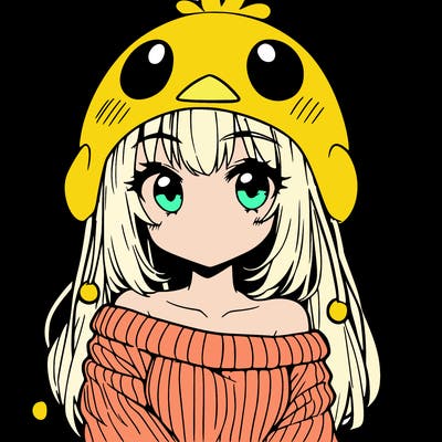 anime girl with chick shaped hat with sweater with bare shoulders with bangs covering them one eye with low tail